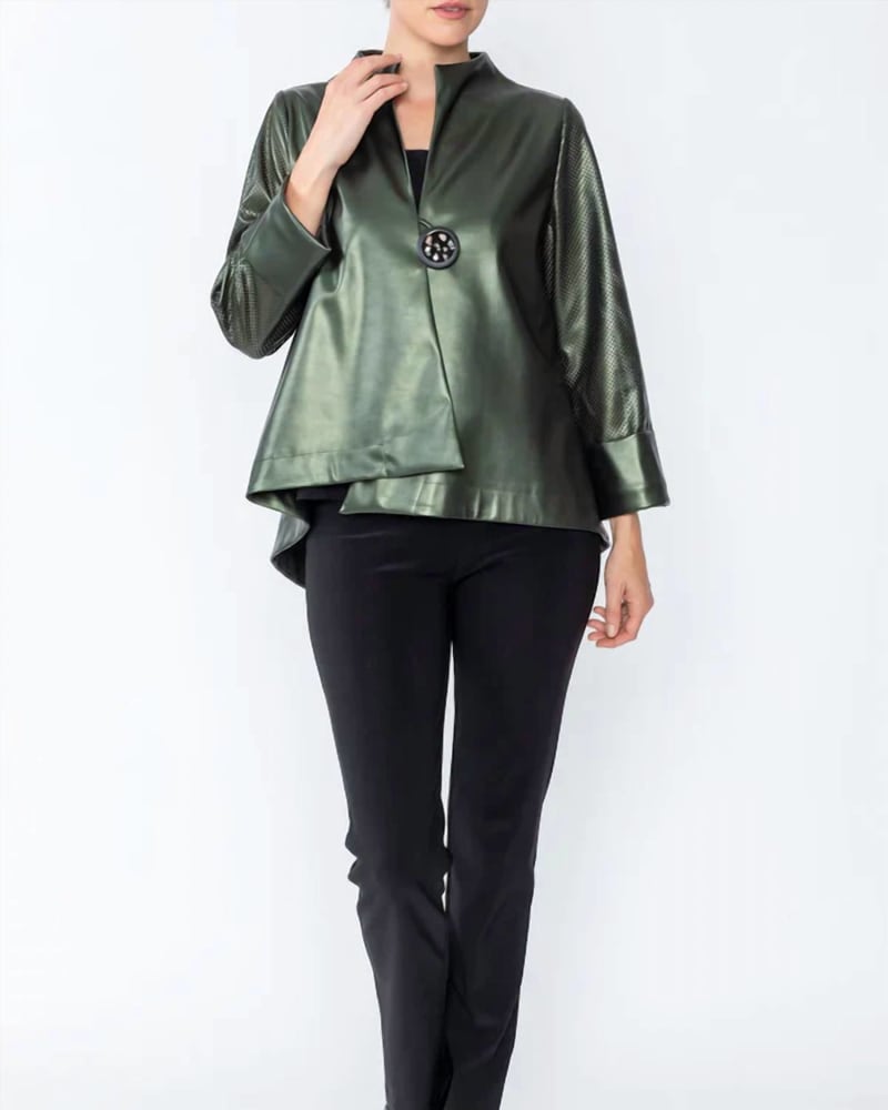 Front of a model wearing a size XL Sleeve Punch Hole One Button Jacket in Dark Green in Dark Green by IC COLLECTION. | dia_product_style_image_id:363317
